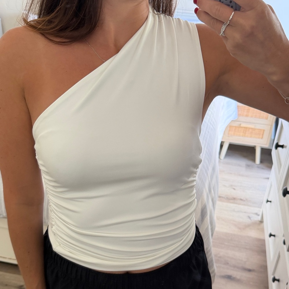One-Shoulder Ruched White Tank Top with Double Lined Front